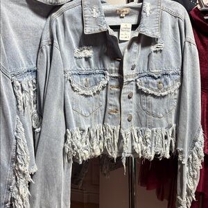 Distressed Fringe Oversized Denim Jacket – 100% Cotton Blue